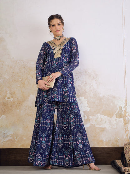 Women Navy Blue Floral Short Kurta With Palazzo Pants