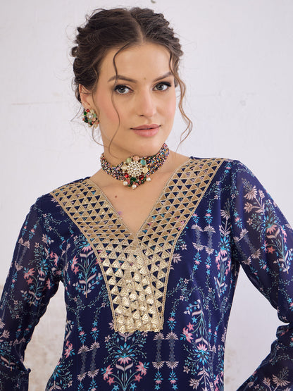 Women Navy Blue Floral Short Kurta With Palazzo Pants