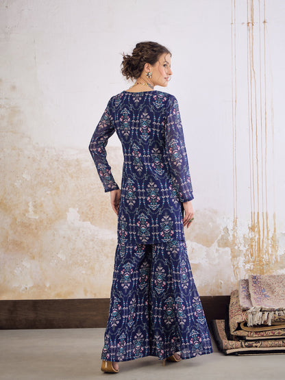 Women Navy Blue Floral Short Kurta With Palazzo Pants