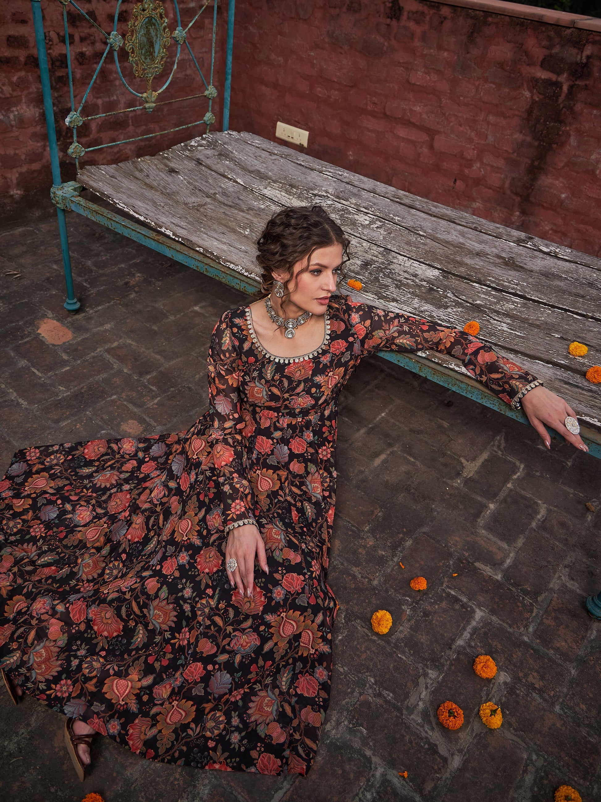 Black Floral Anarkali Kurta With Straight Pants-Shae by SASSAFRAS