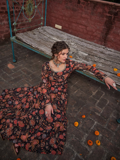 Black Floral Anarkali Kurta With Straight Pants-Shae by SASSAFRAS