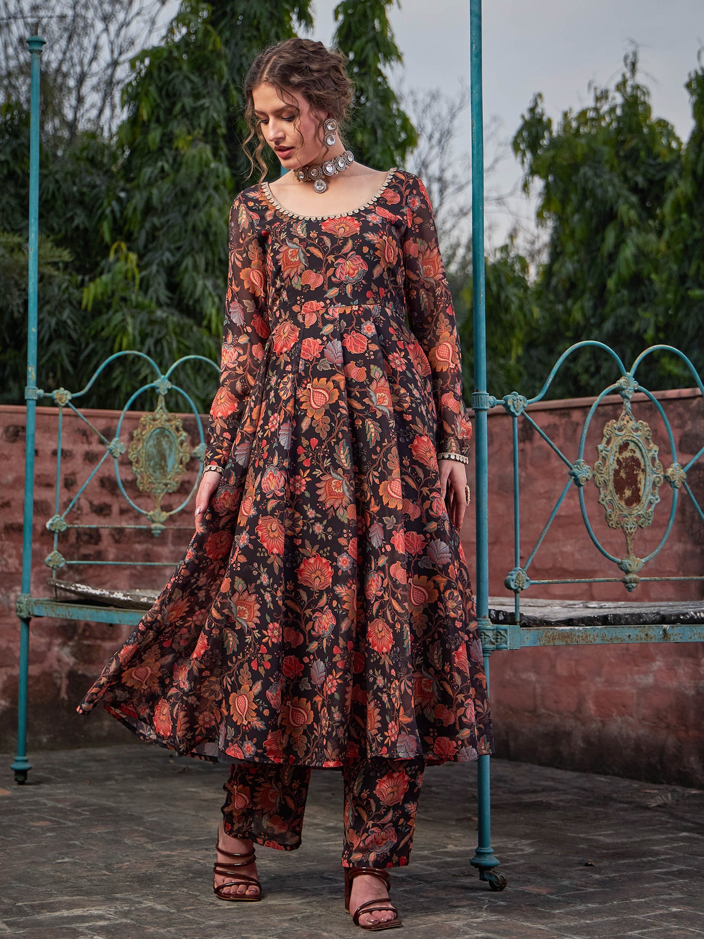 Black Floral Anarkali Kurta With Straight Pants-Shae by SASSAFRAS