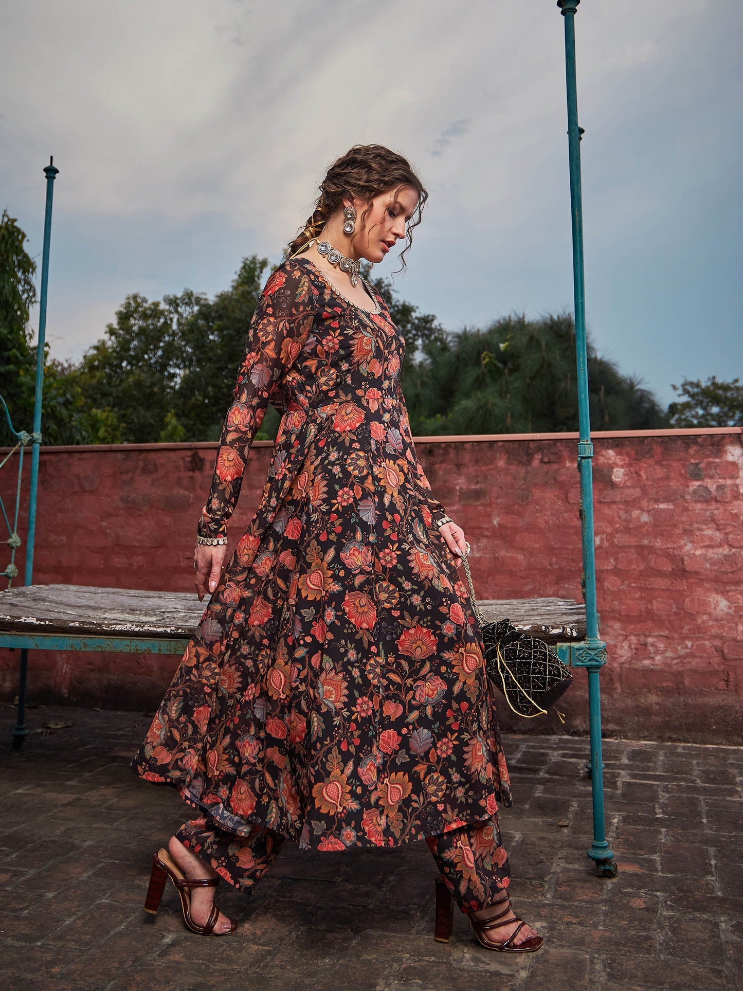 Black Floral Anarkali Kurta With Straight Pants-Shae by SASSAFRAS