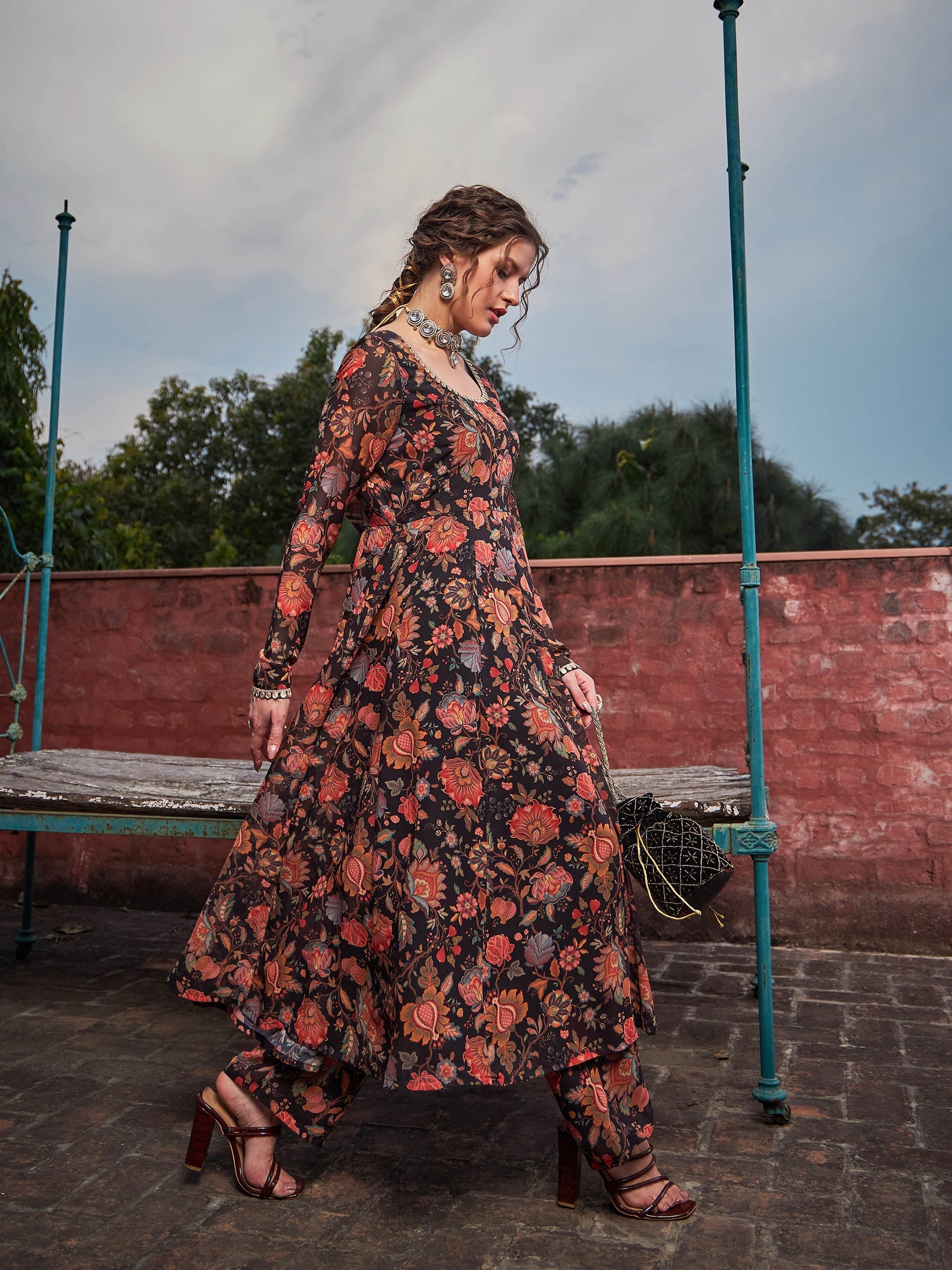 Black Floral Anarkali Kurta With Straight Pants-Shae by SASSAFRAS