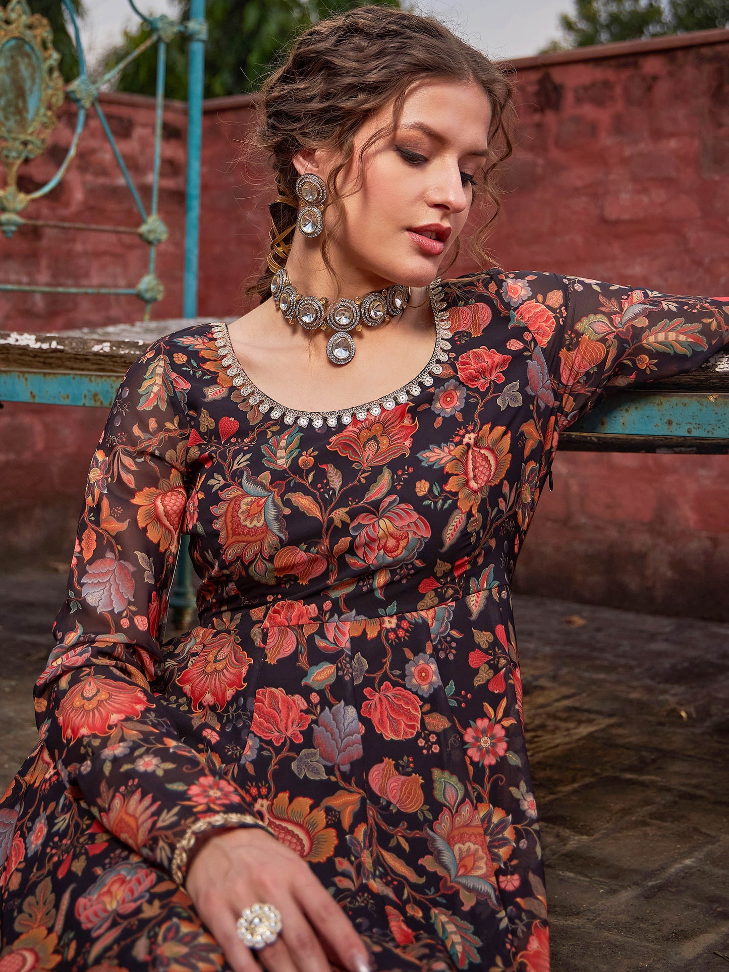 Black Floral Anarkali Kurta With Straight Pants-Shae by SASSAFRAS