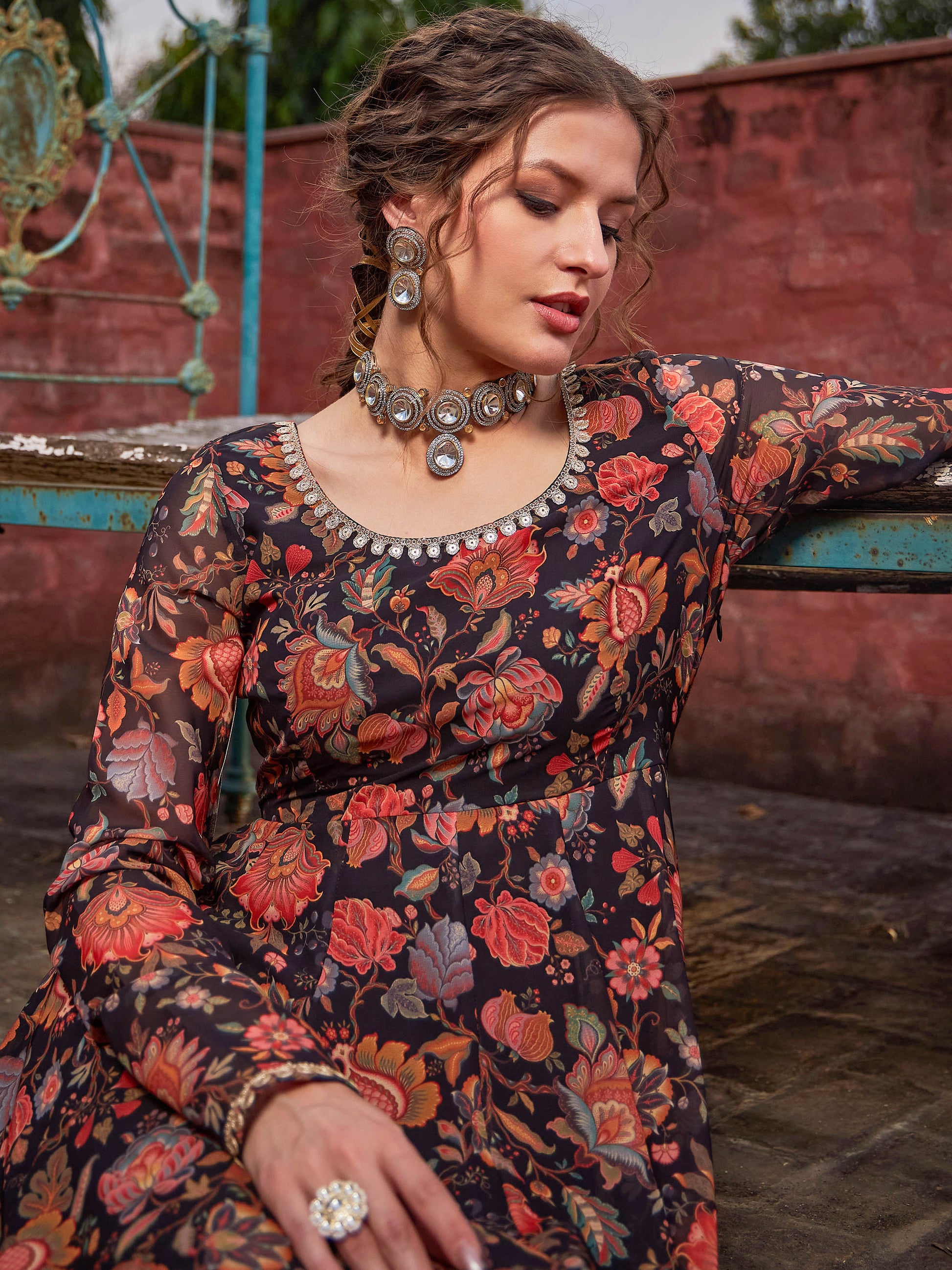 Black Floral Anarkali Kurta With Straight Pants-Shae by SASSAFRAS