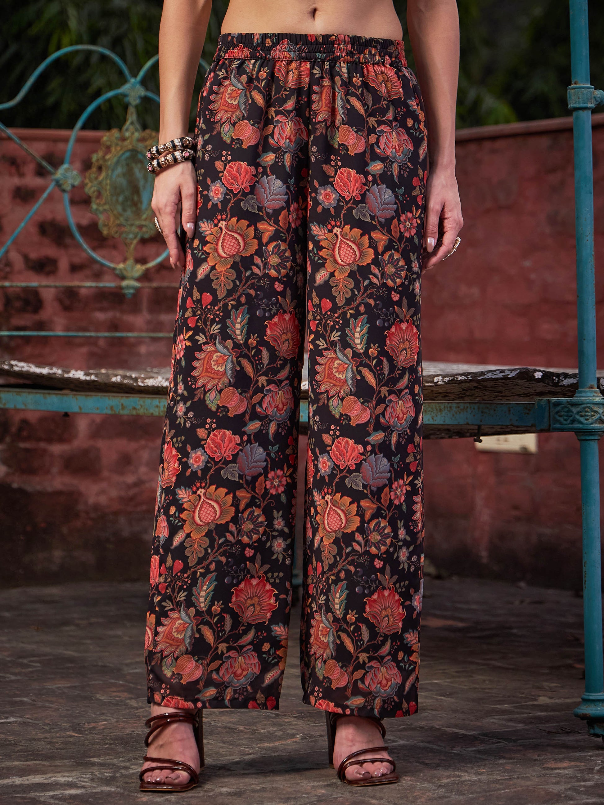 Black Floral Anarkali Kurta With Straight Pants-Shae by SASSAFRAS