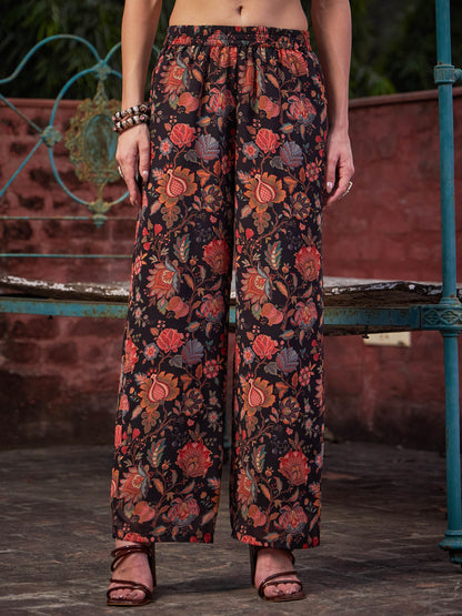 Black Floral Anarkali Kurta With Straight Pants-Shae by SASSAFRAS