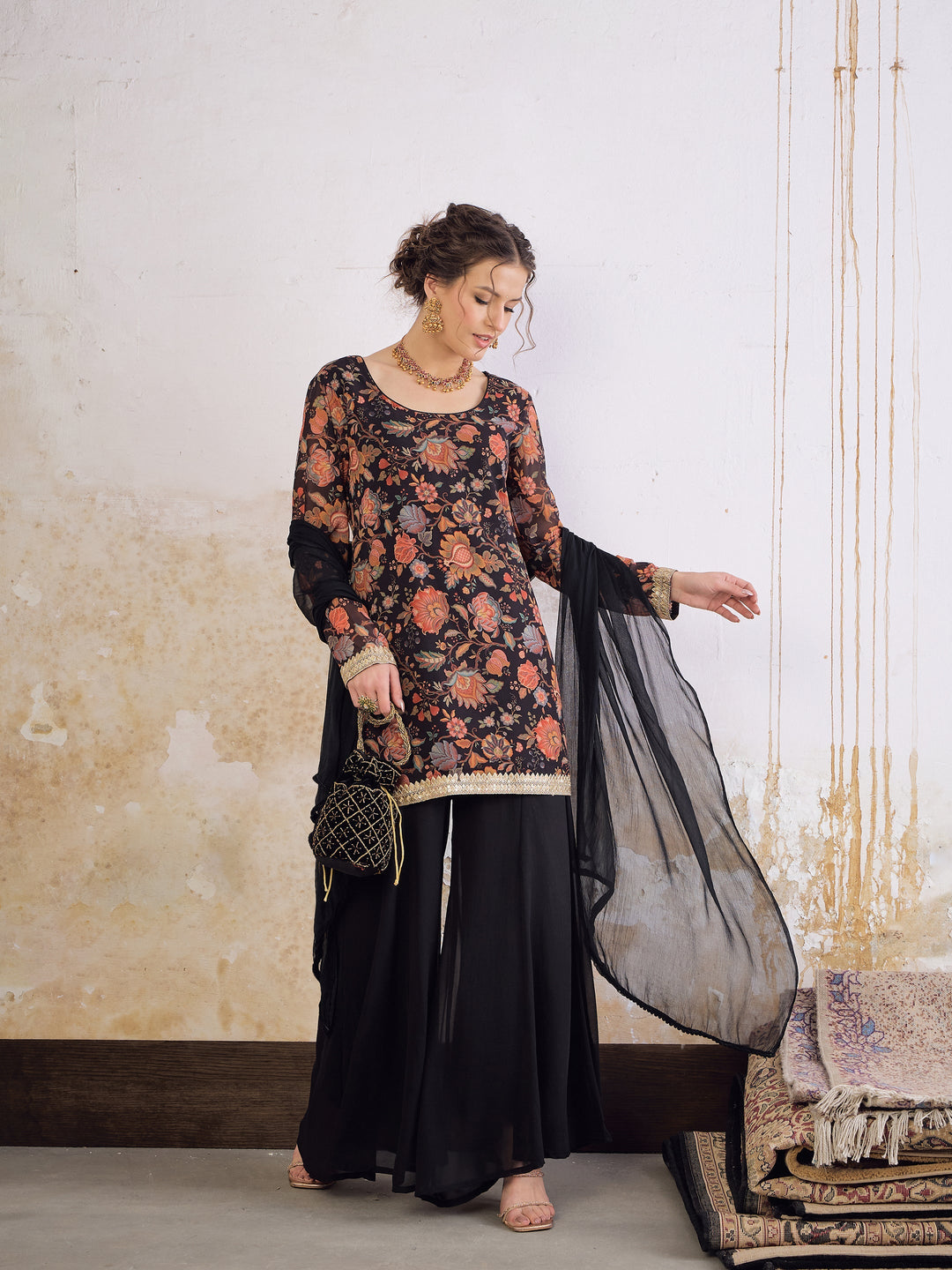 Black Floral Short Kurta With Solid Palazzo Pants &amp; Dupatta-Shae by SASSAFRAS