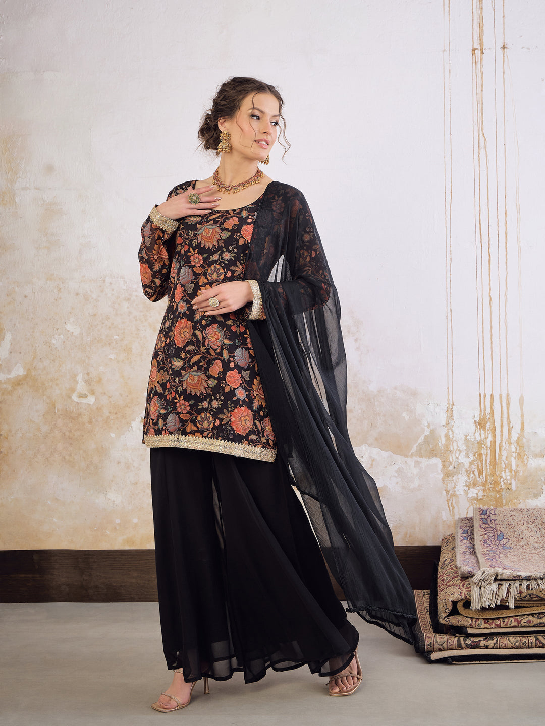 Black Floral Short Kurta With Solid Palazzo Pants &amp; Dupatta-Shae by SASSAFRAS