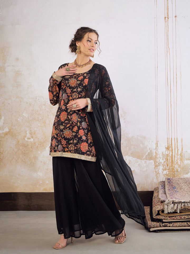 Black Floral Short Kurta With Solid Palazzo Pants &amp; Dupatta-Shae by SASSAFRAS