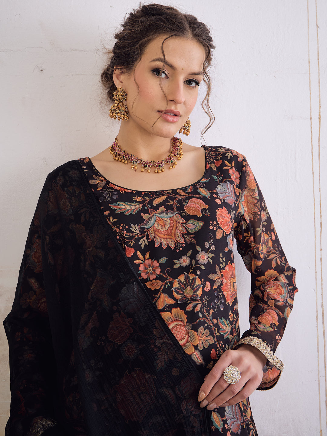 Black Floral Short Kurta With Solid Palazzo Pants &amp; Dupatta-Shae by SASSAFRAS