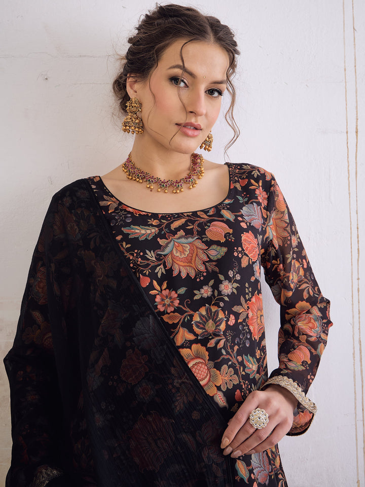 Black Floral Short Kurta With Solid Palazzo Pants &amp; Dupatta-Shae by SASSAFRAS