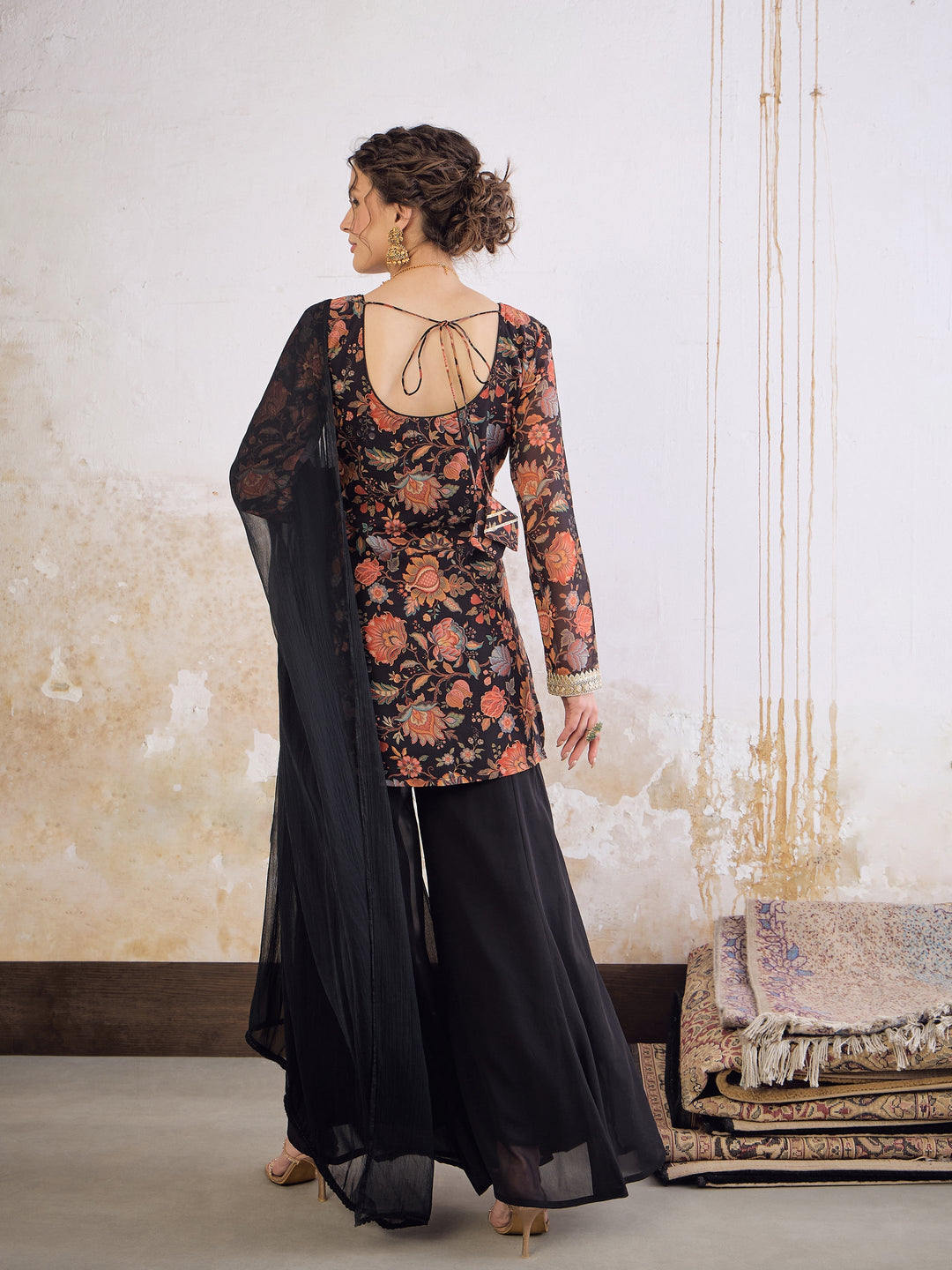 Black Floral Short Kurta With Solid Palazzo Pants &amp; Dupatta-Shae by SASSAFRAS