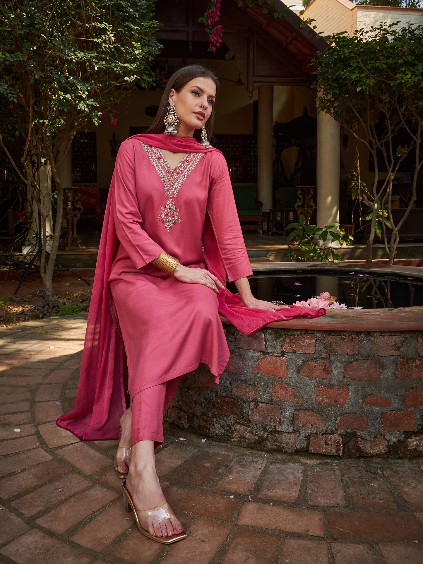 Pink Rayon Embroidered Kurta With Pencil Pants & Dupatta-Shae by SASSAFRAS
