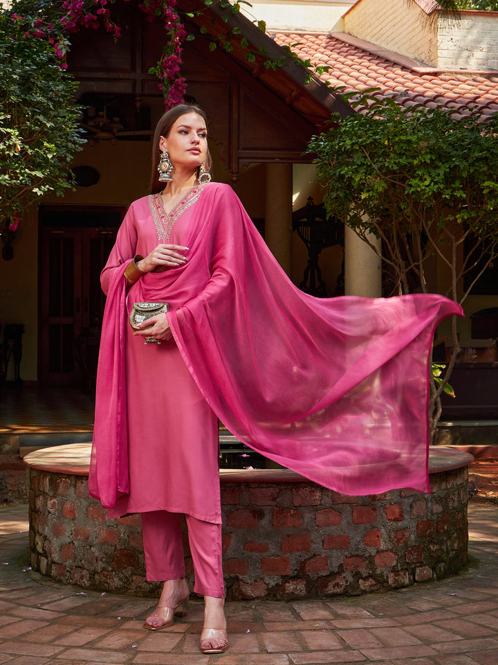 Pink Rayon Embroidered Kurta With Pencil Pants &amp; Dupatta-Shae by SASSAFRAS