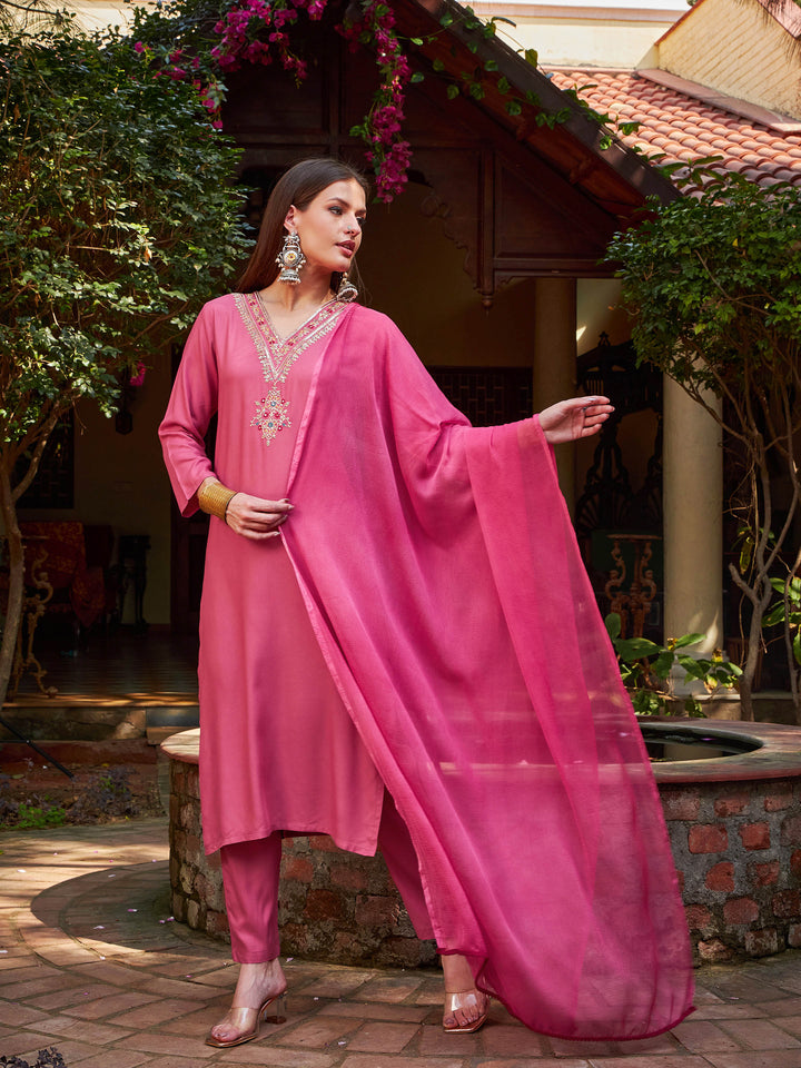 Pink Rayon Embroidered Kurta With Pencil Pants &amp; Dupatta-Shae by SASSAFRAS