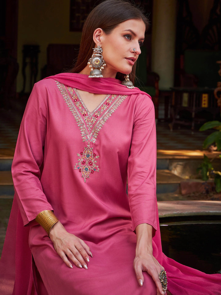 Pink Rayon Embroidered Kurta With Pencil Pants &amp; Dupatta-Shae by SASSAFRAS