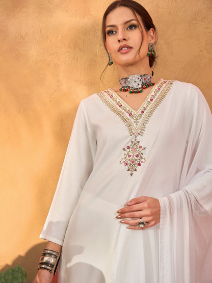 White Rayon Embroidered Kurta With Pencil Pants & Dupatta -Shae by SASSAFRAS