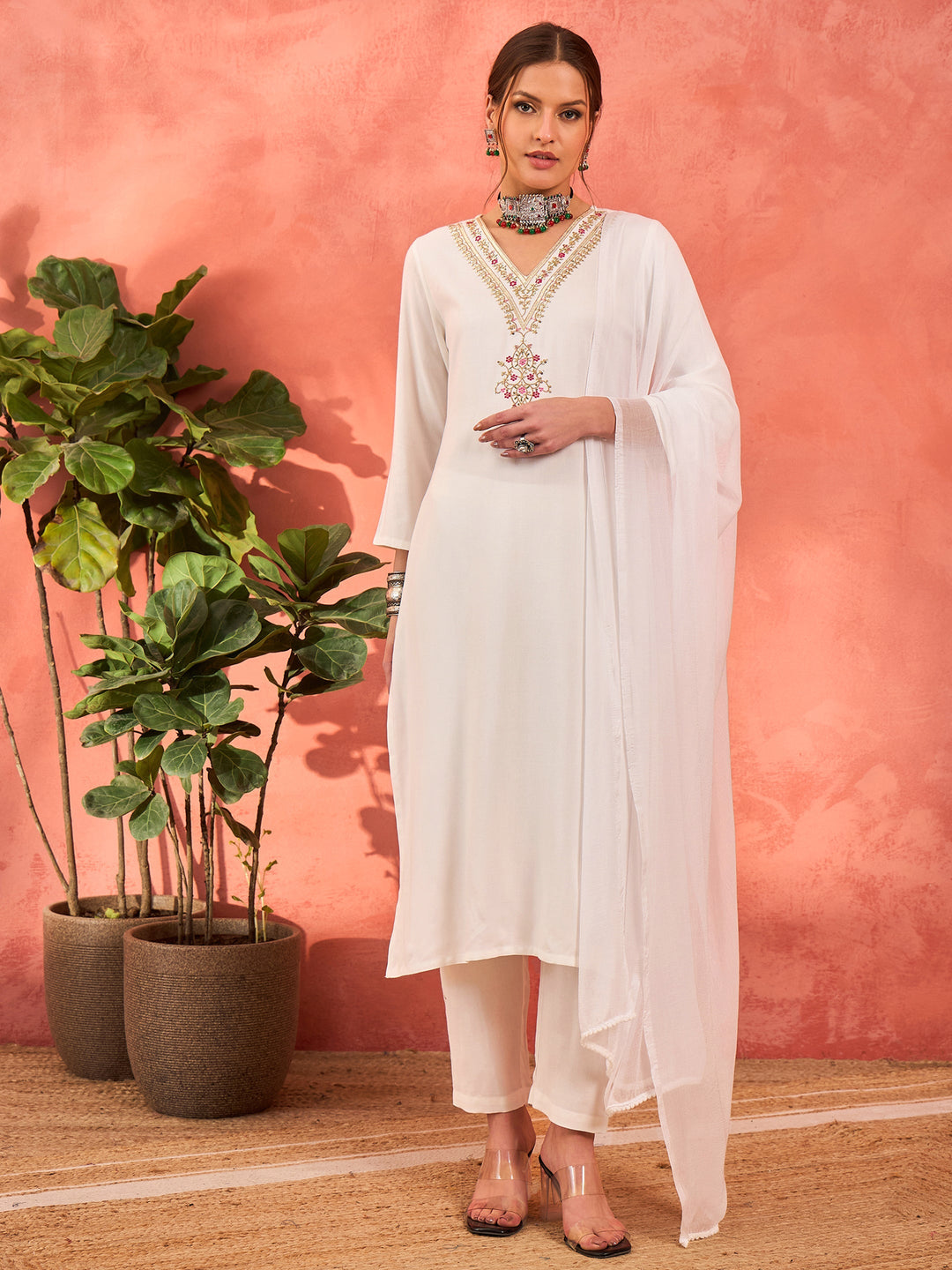 White Rayon Embroidered Kurta With Pencil Pants &amp; Dupatta -Shae by SASSAFRAS