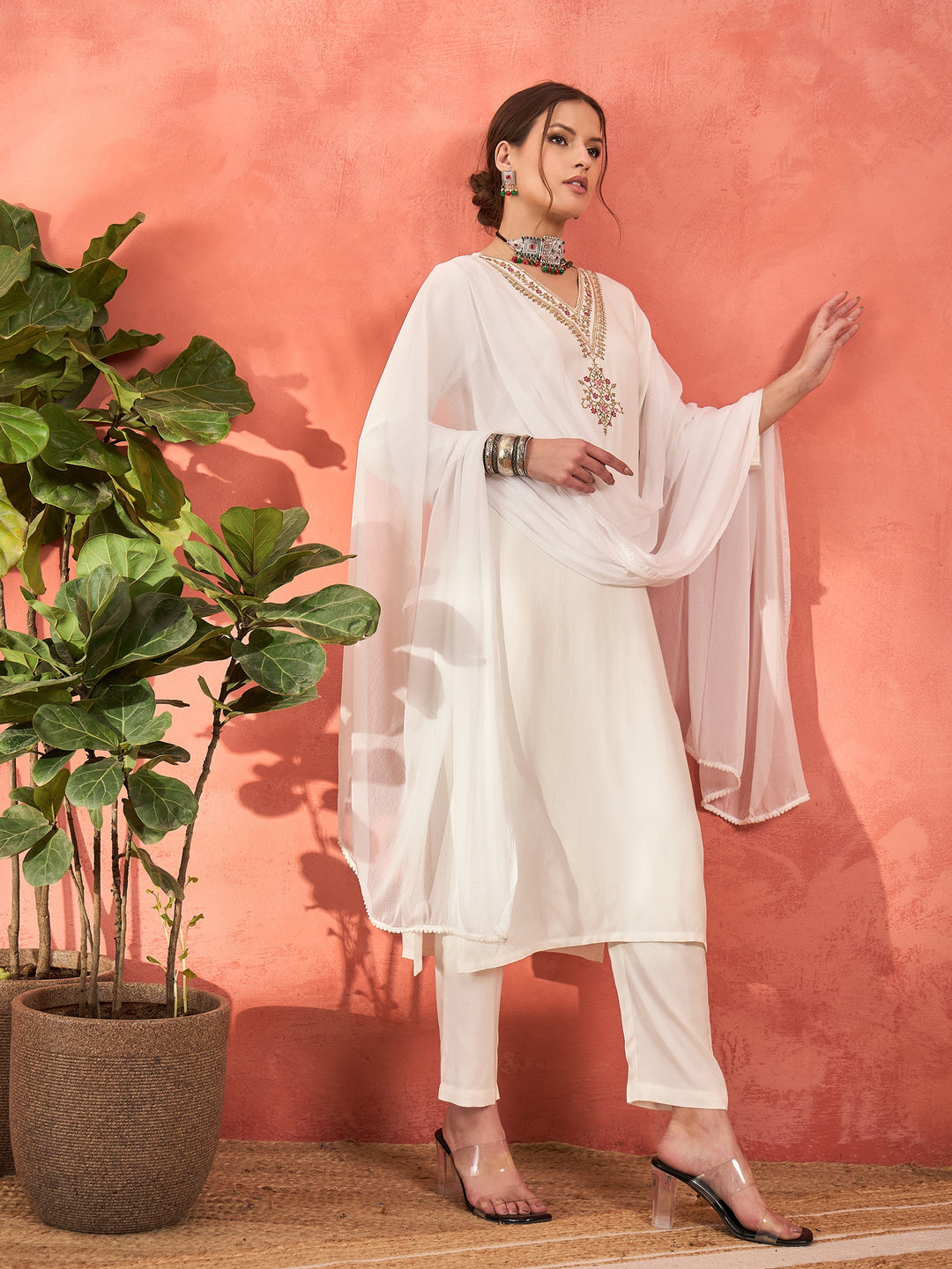 White Rayon Embroidered Kurta With Pencil Pants &amp; Dupatta -Shae by SASSAFRAS