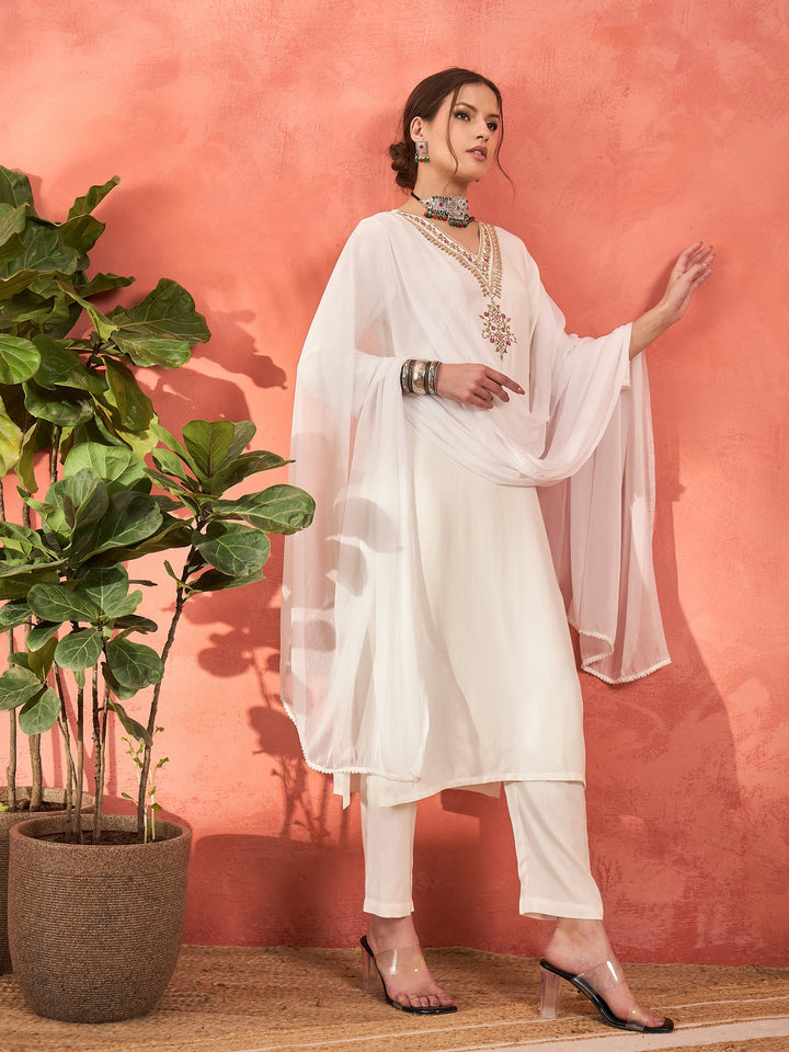White Rayon Embroidered Kurta With Pencil Pants &amp; Dupatta -Shae by SASSAFRAS