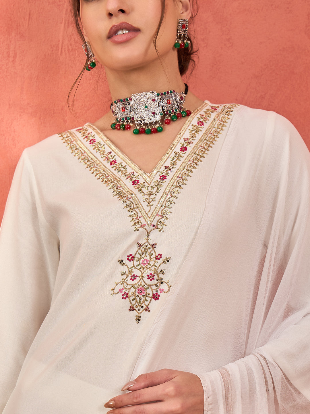 White Rayon Embroidered Kurta With Pencil Pants &amp; Dupatta -Shae by SASSAFRAS