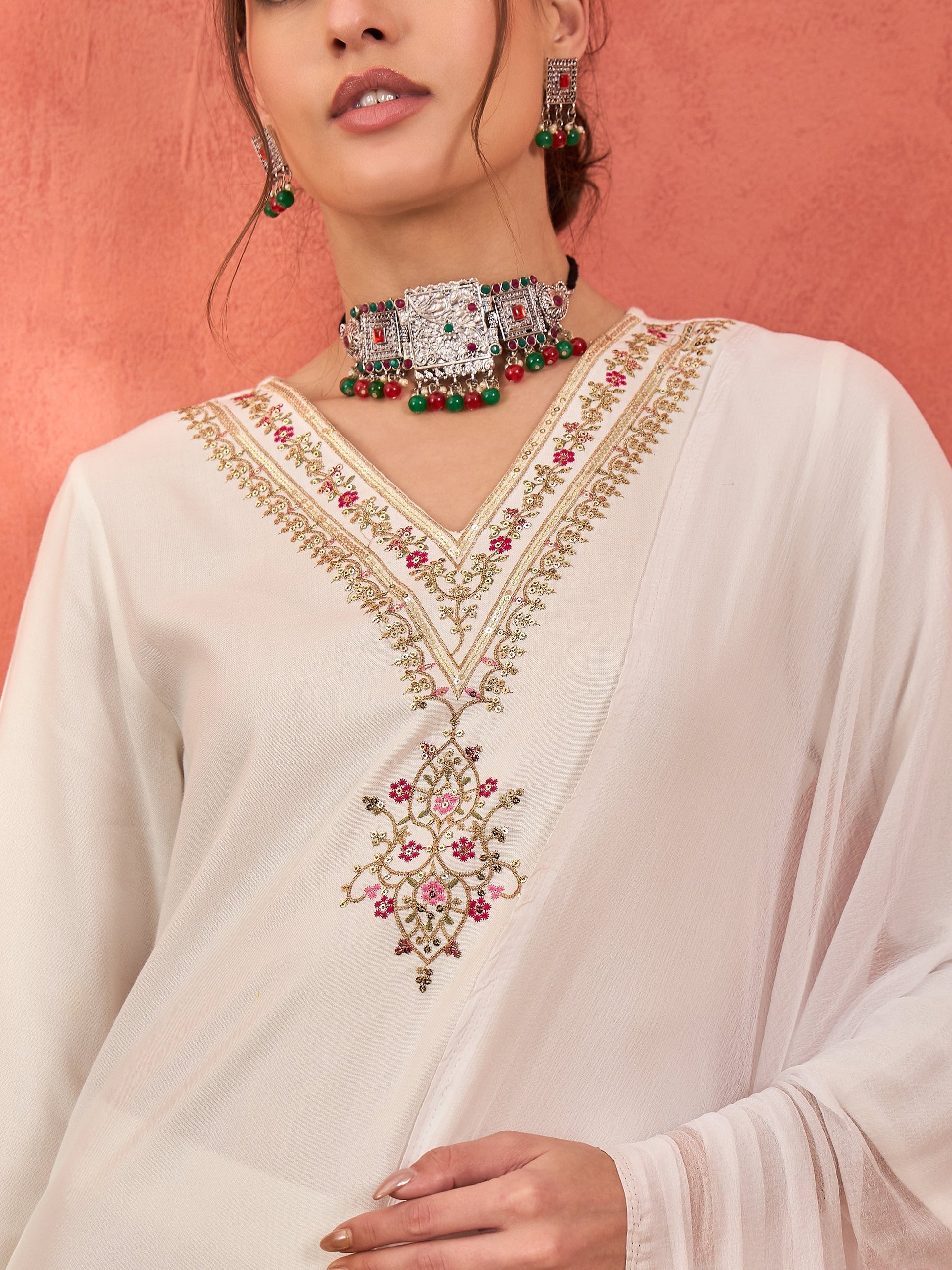 White Rayon Embroidered Kurta With Pencil Pants & Dupatta -Shae by SASSAFRAS
