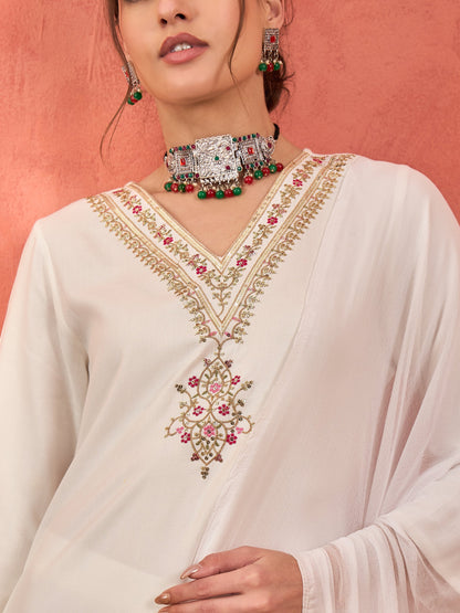 White Rayon Embroidered Kurta With Pencil Pants & Dupatta -Shae by SASSAFRAS