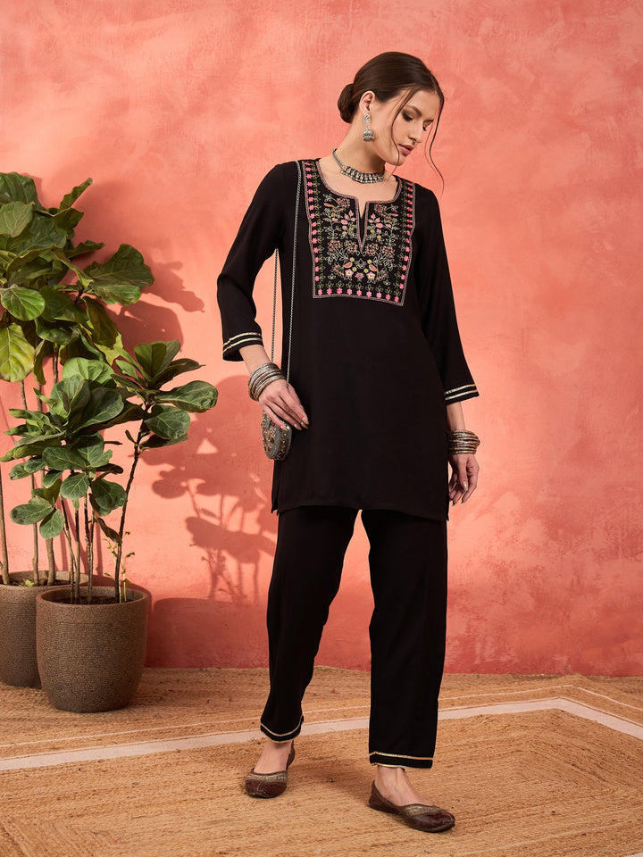 Black Rayon Embroidered Short Kurta With Salwar-Shae by SASSAFRAS