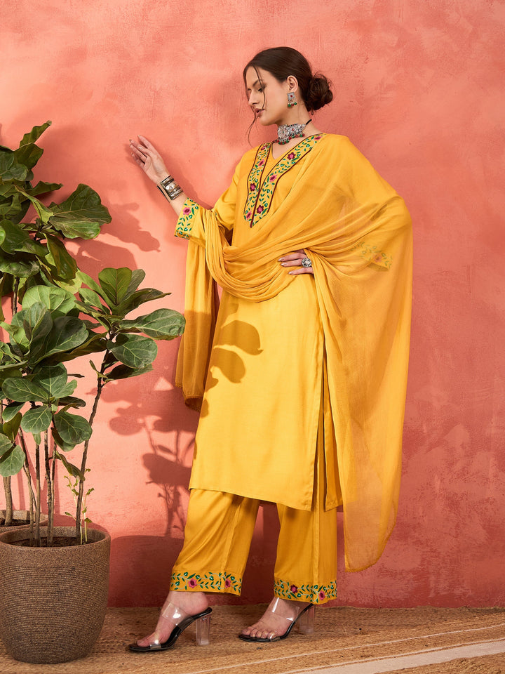 Mustard Rayon Embroidered Kurta With Pencil Pants &amp; Dupatta-Shae by SASSAFRAS