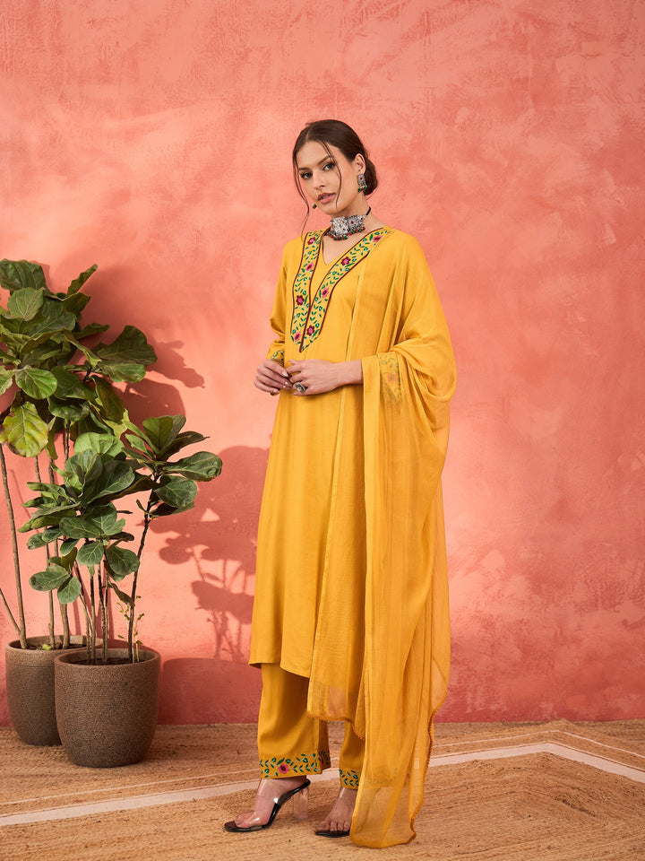 Mustard Rayon Embroidered Kurta With Pencil Pants &amp; Dupatta-Shae by SASSAFRAS