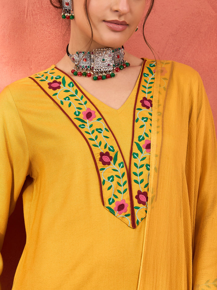 Mustard Rayon Embroidered Kurta With Pencil Pants &amp; Dupatta-Shae by SASSAFRAS