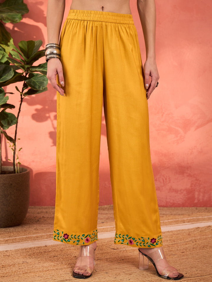 Mustard Rayon Embroidered Kurta With Pencil Pants &amp; Dupatta-Shae by SASSAFRAS