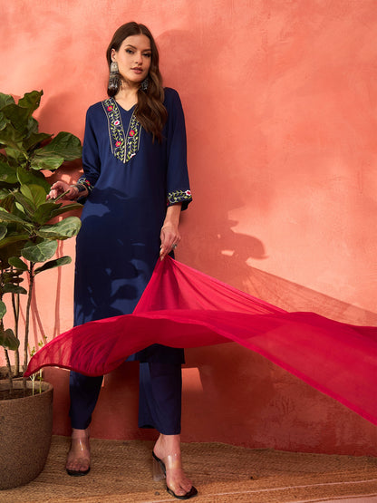 Navy Rayon Embroidered Kurta With Pencil Pants & Dupatta