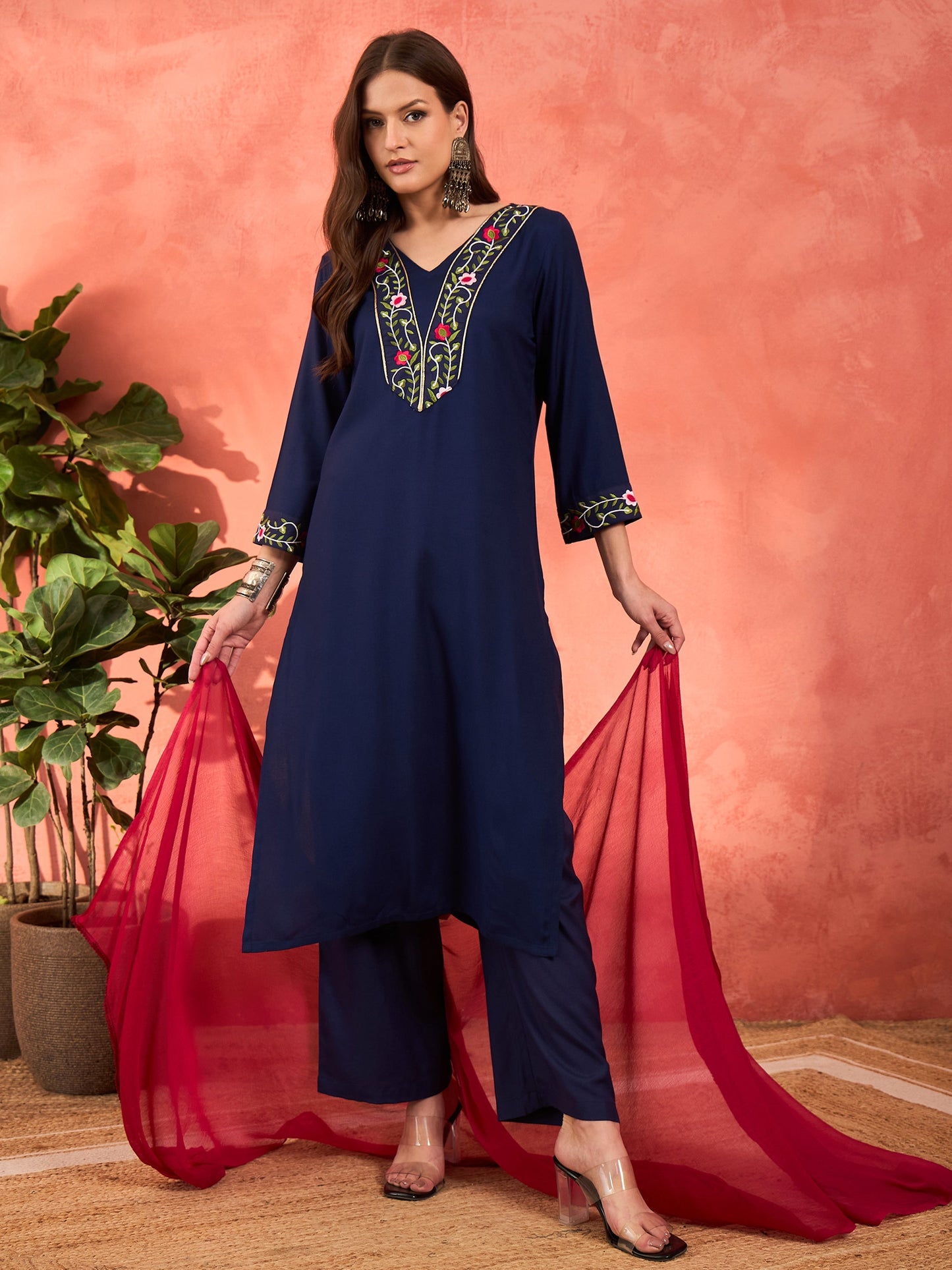 Navy Rayon Embroidered Kurta With Pencil Pants & Dupatta