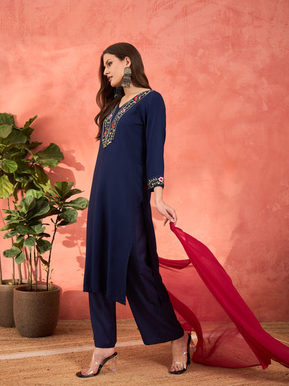 Navy Rayon Embroidered Kurta With Pencil Pants & Dupatta
