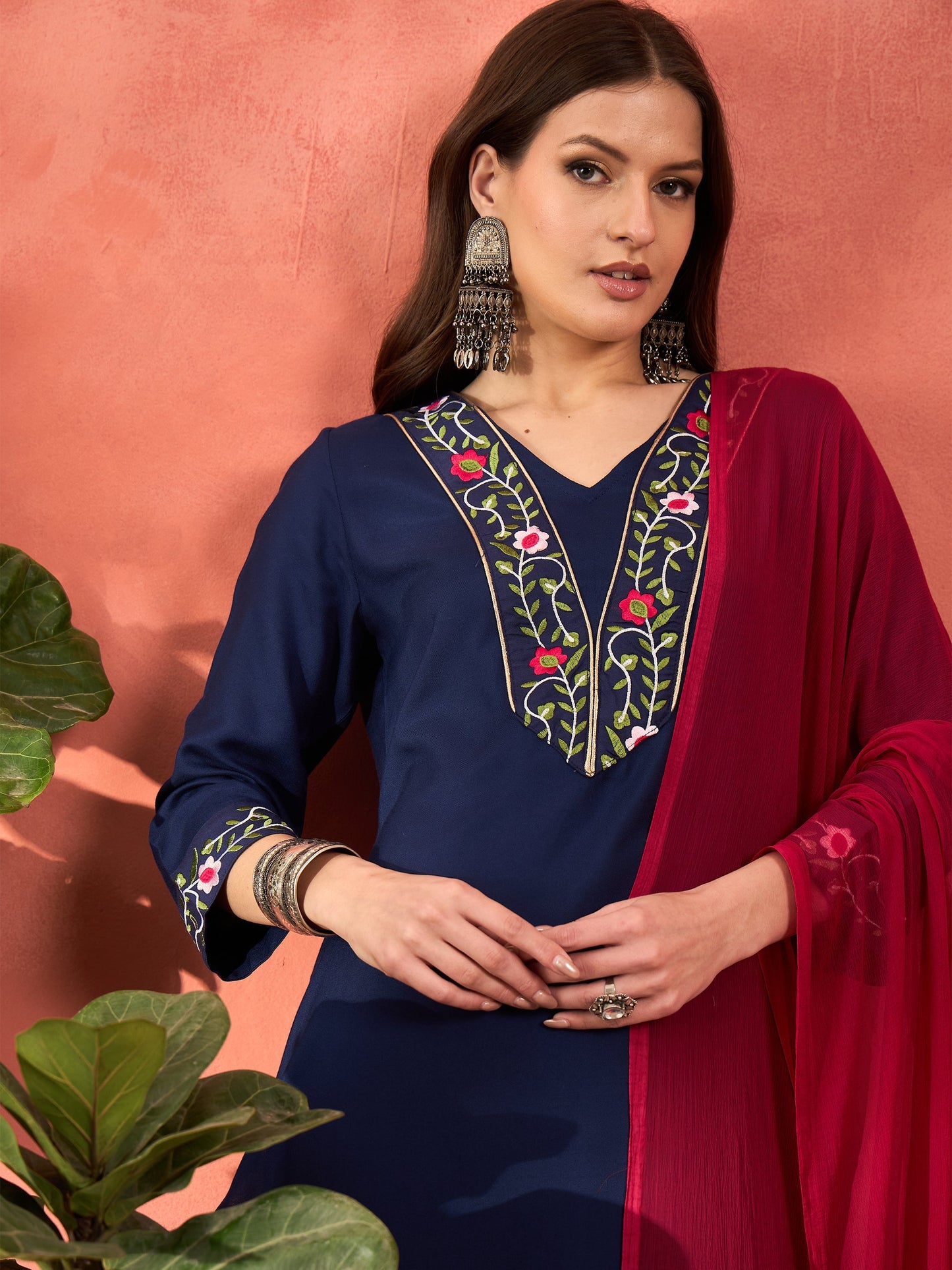 Navy Rayon Embroidered Kurta With Pencil Pants & Dupatta