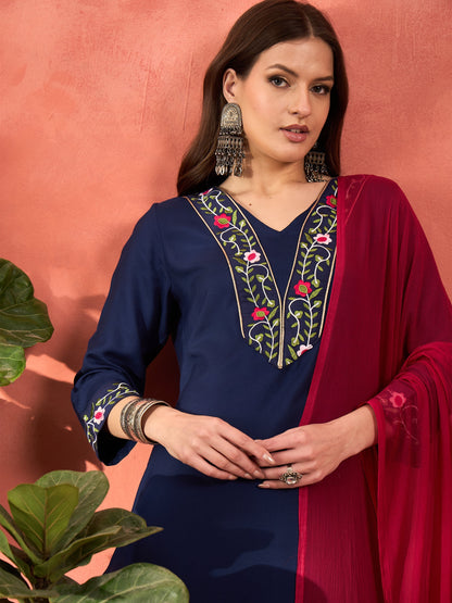 Navy Rayon Embroidered Kurta With Pencil Pants & Dupatta