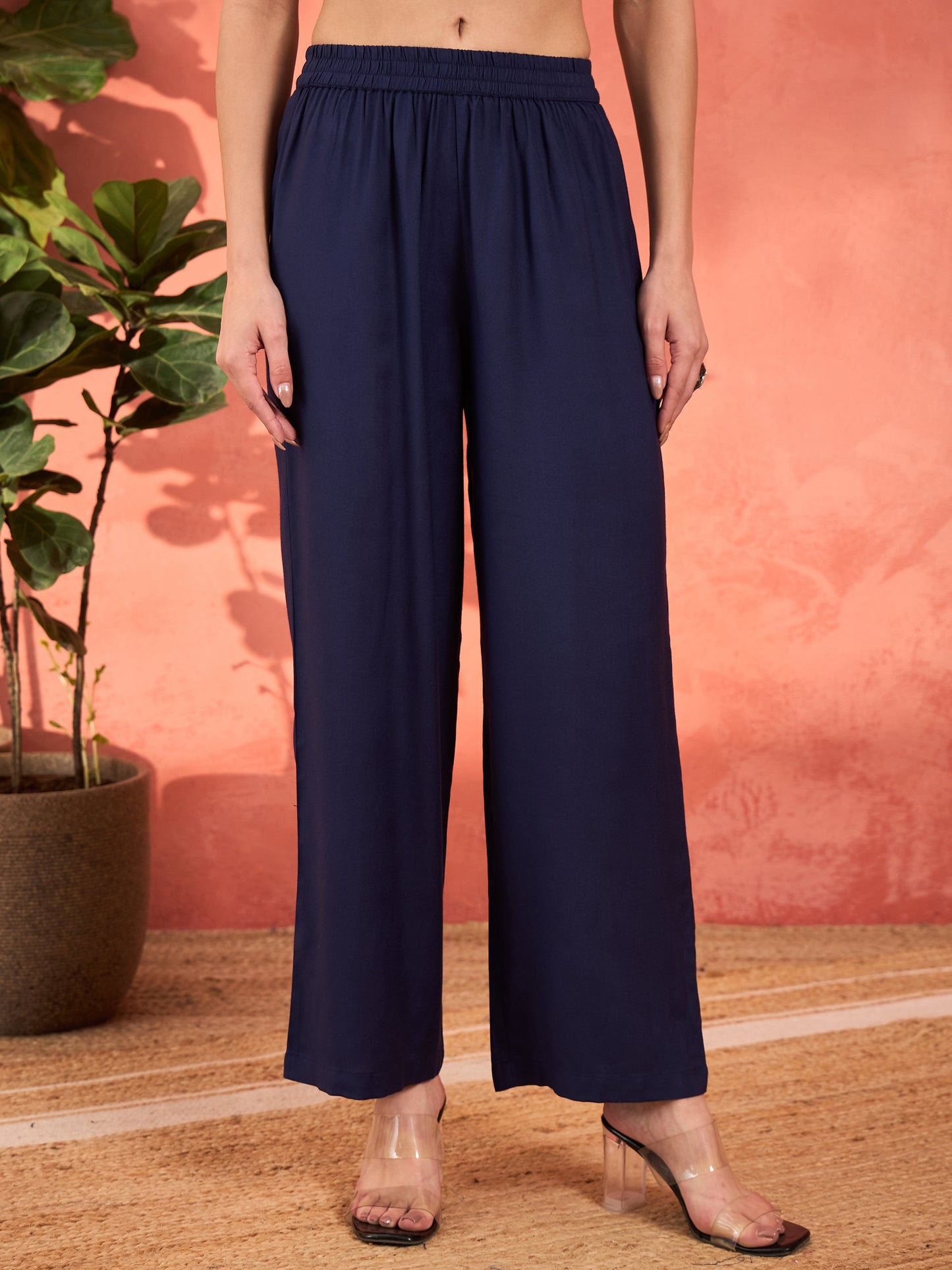 Navy Rayon Embroidered Kurta With Pencil Pants & Dupatta
