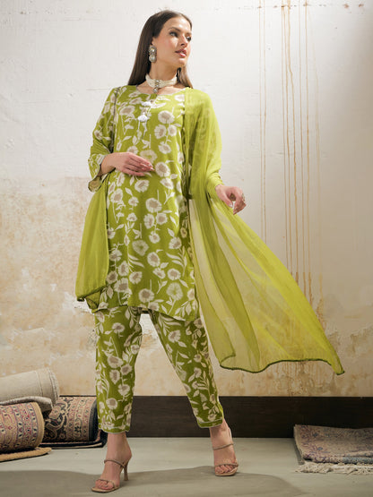 Green & White Floral Rayon Kurta With Salwar & Dupatta-Shae by SASSAFRAS