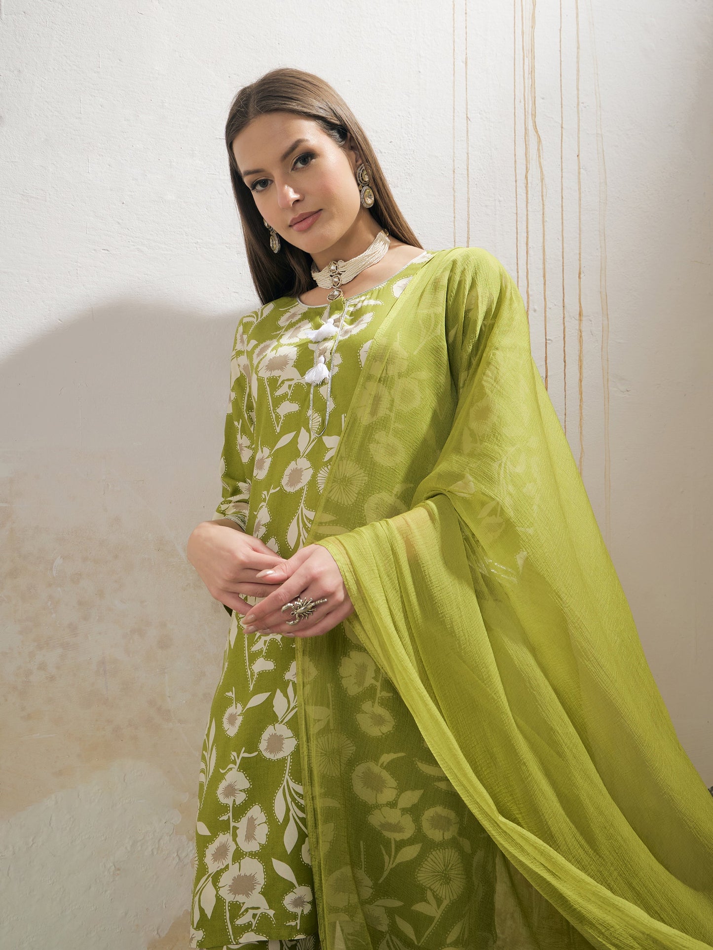 Green & White Floral Rayon Kurta With Salwar & Dupatta-Shae by SASSAFRAS