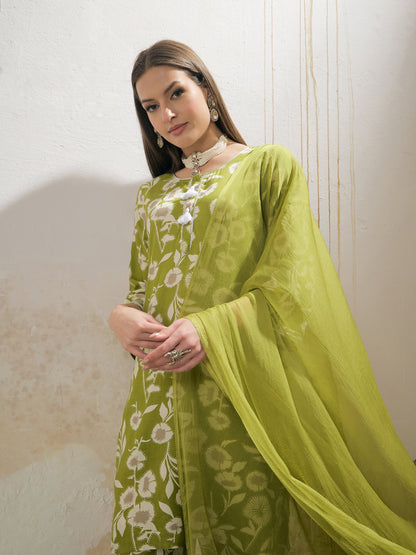Green & White Floral Rayon Kurta With Salwar & Dupatta-Shae by SASSAFRAS