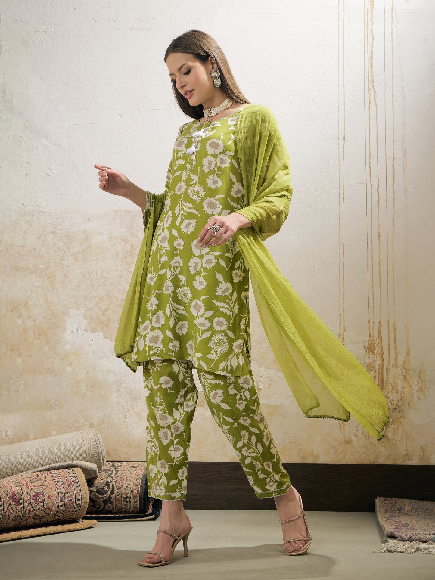 Green & White Floral Rayon Kurta With Salwar & Dupatta-Shae by SASSAFRAS