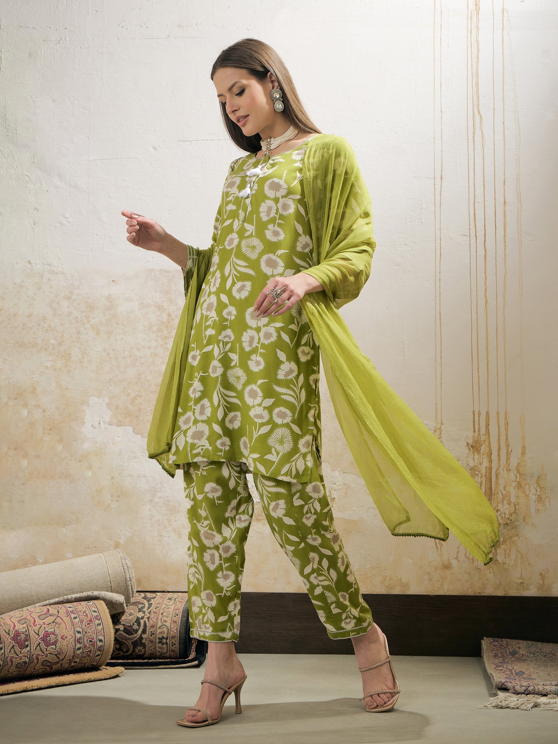 Green & White Floral Rayon Kurta With Salwar & Dupatta-Shae by SASSAFRAS