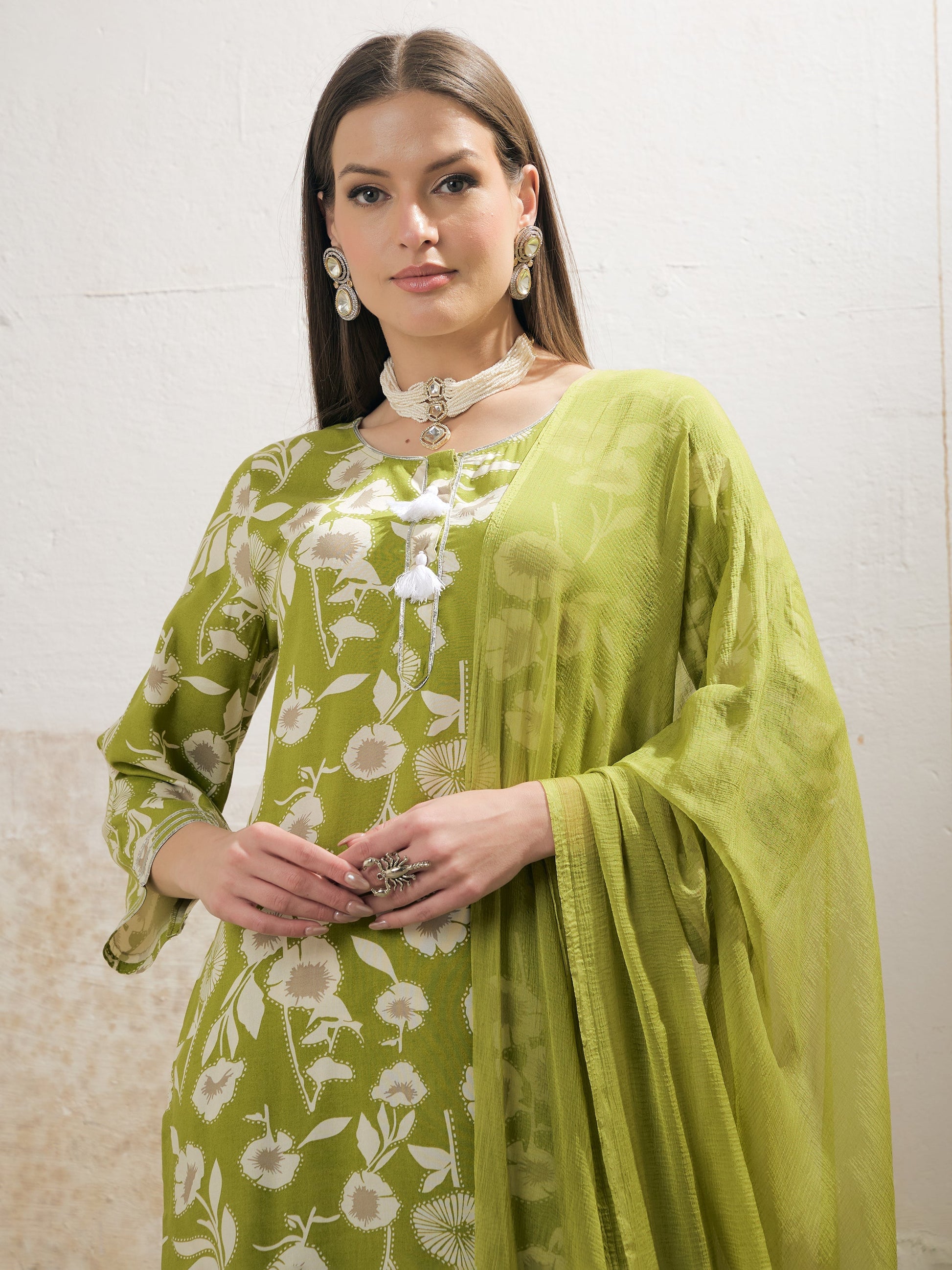 Green & White Floral Rayon Kurta With Salwar & Dupatta-Shae by SASSAFRAS