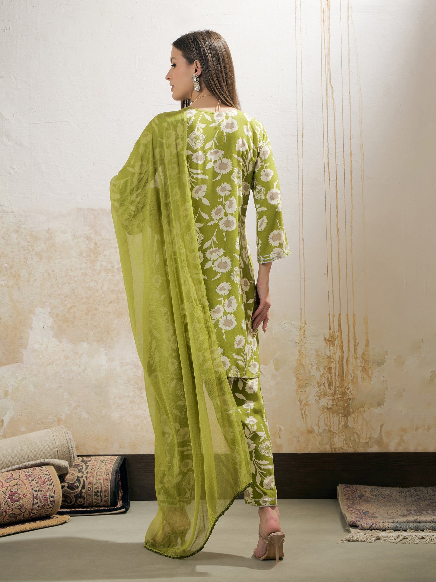 Green & White Floral Rayon Kurta With Salwar & Dupatta-Shae by SASSAFRAS