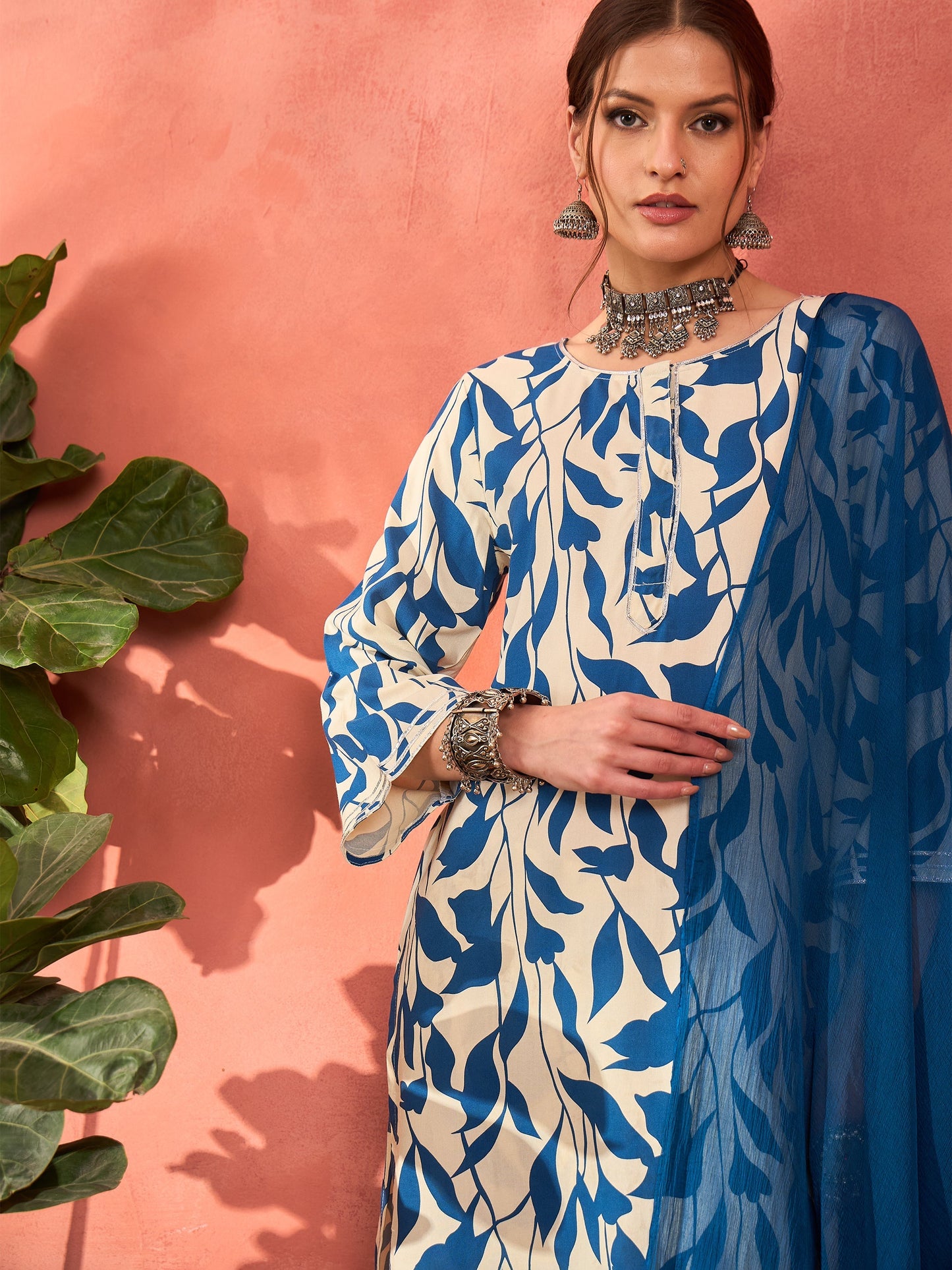 White & Blue Floral Rayon Kurta With Salwar & Dupatta