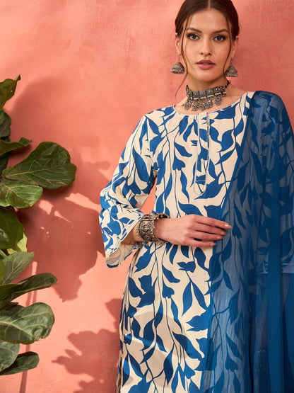White & Blue Floral Rayon Kurta With Salwar & Dupatta