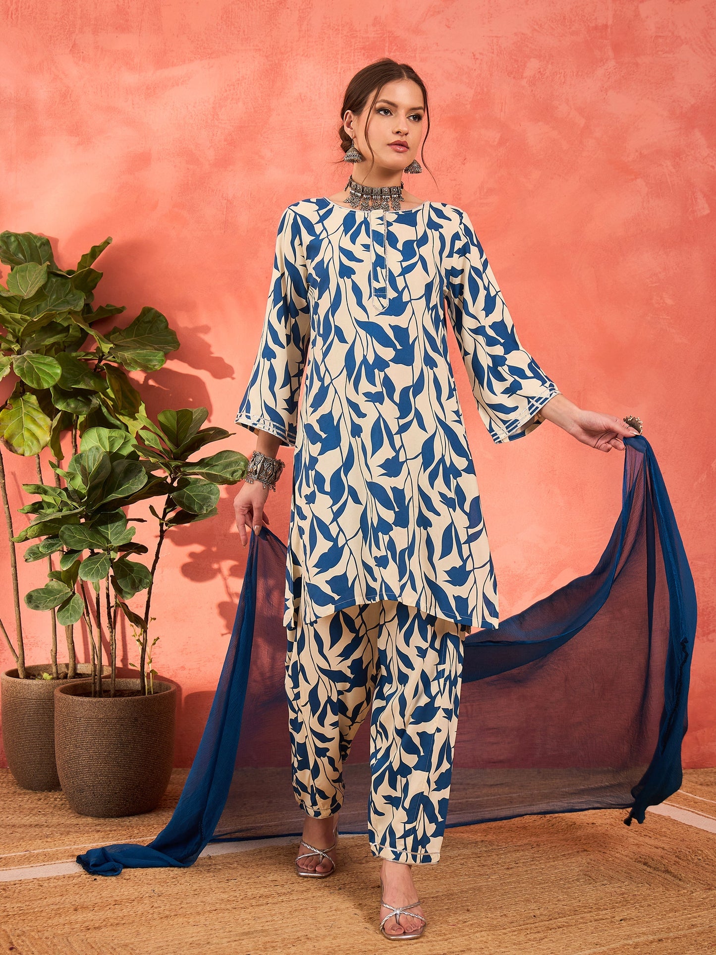 White & Blue Floral Rayon Kurta With Salwar & Dupatta